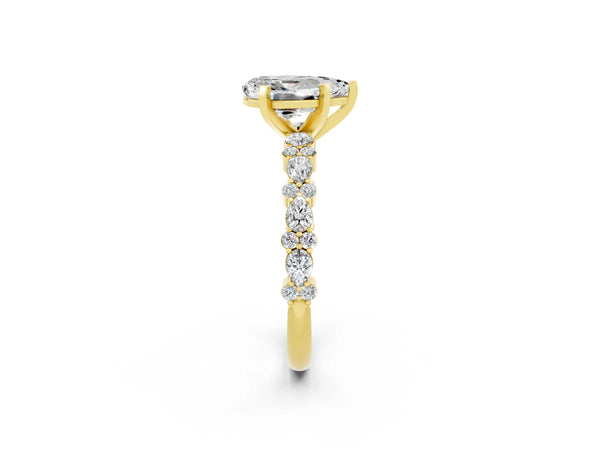 Yellow gold Pear Cut Moissanite Side Stone Solitaire Ring with Round  and Four-Prong Setting