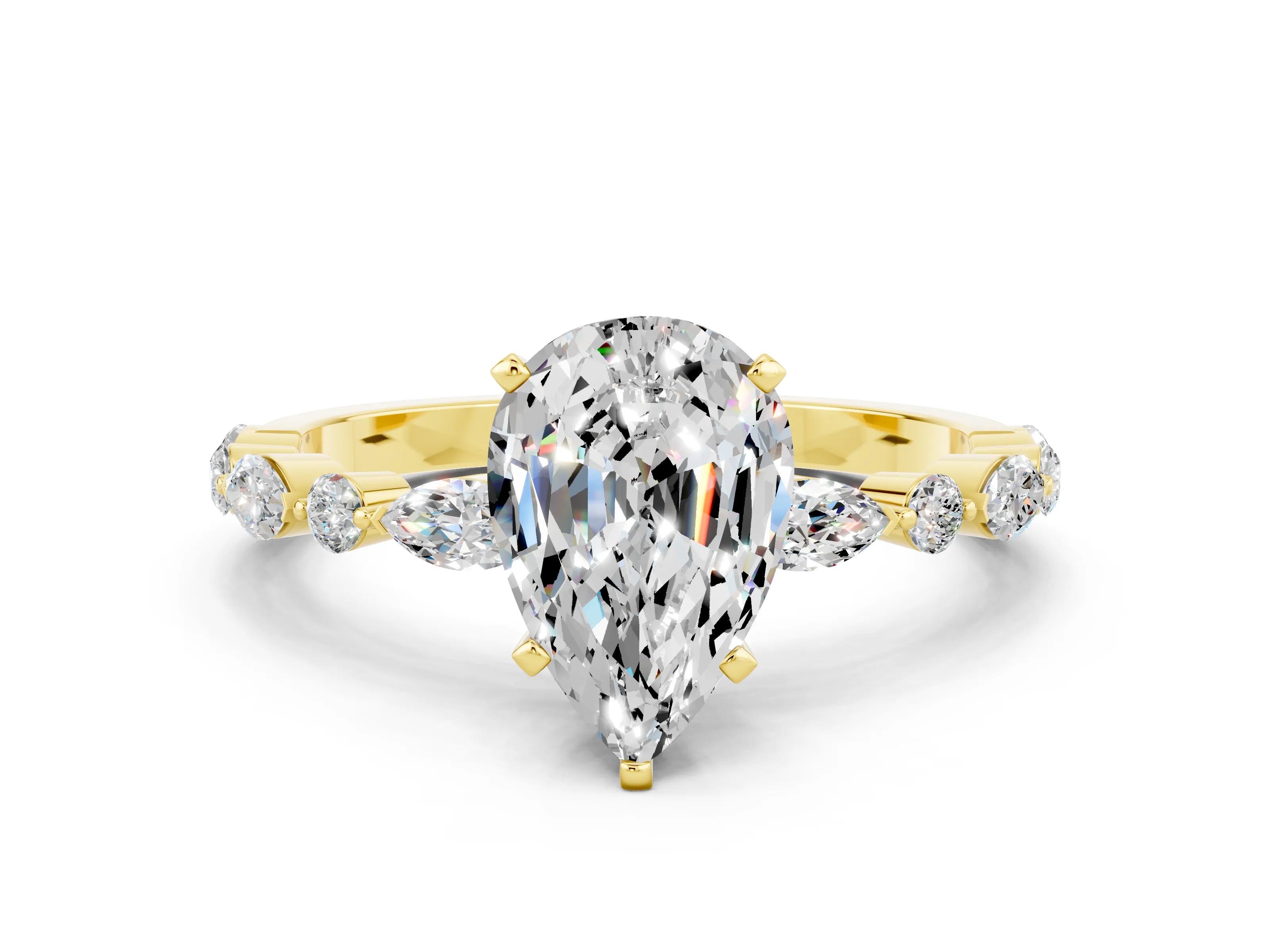 Yellow gold Pear Cut Moissanite Solitaire with Side Stones on a Pavé Band and Four-Prong Setting