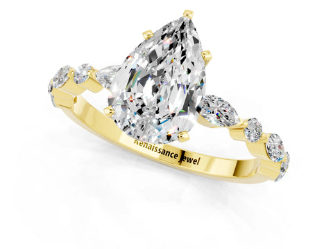Yellow gold Pear Cut Moissanite Solitaire with Side Stones on a Pavé Band and Four-Prong Setting_1