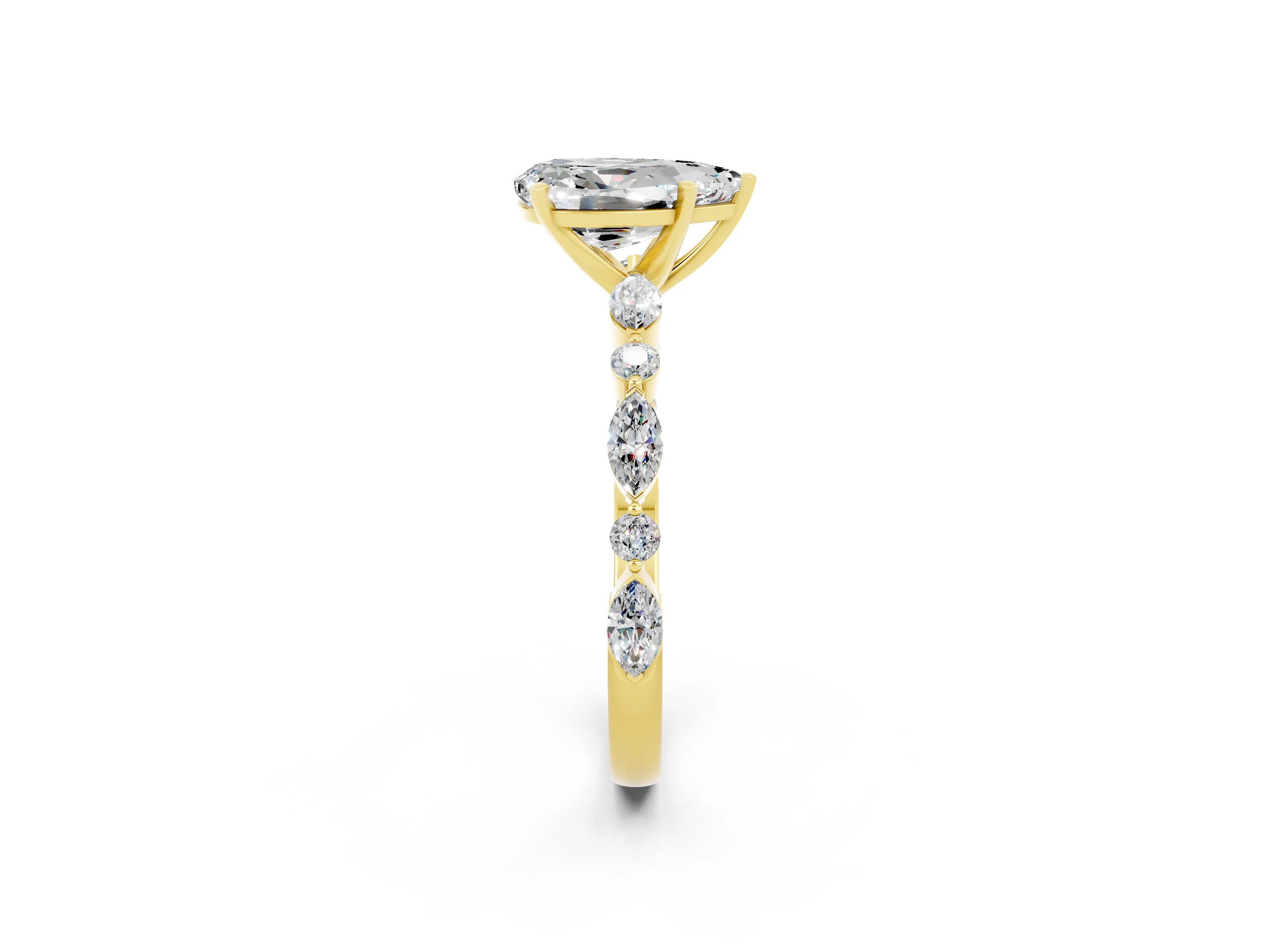 Yellow gold Pear Cut Moissanite Solitaire with Side Stones on a Pavé Band and Four-Prong Setting_2