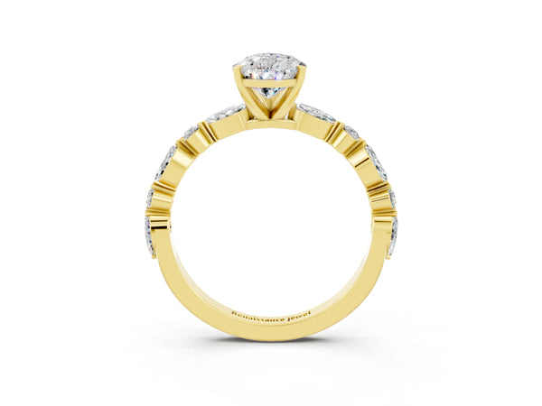 Yellow gold Pear Cut Moissanite Ring with Marquise and Round  Side Stones and Four-Prong Setting