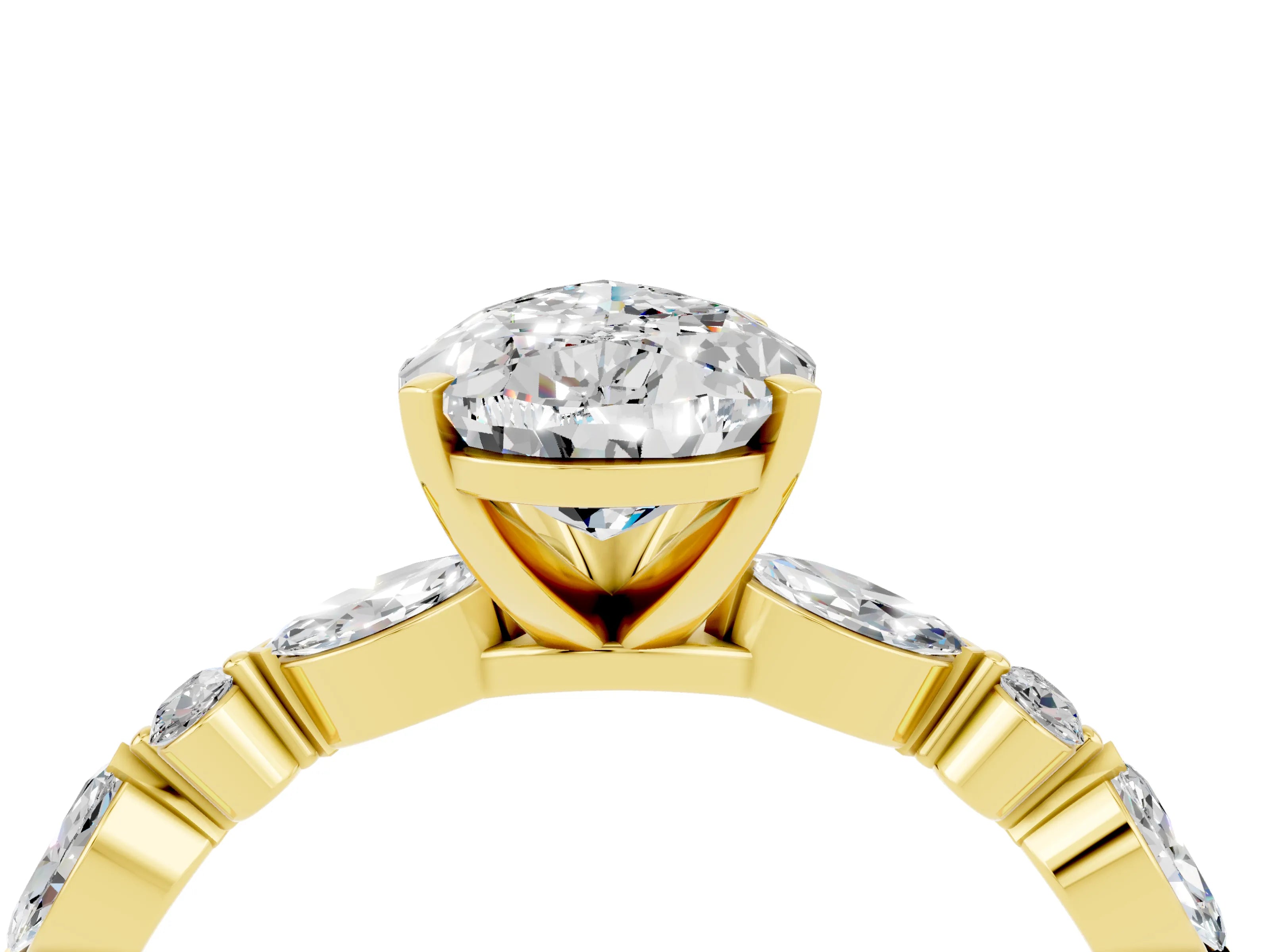 Yellow gold Pear Cut Moissanite Solitaire with Side Stones on a Pavé Band and Four-Prong Setting_4