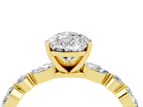 Yellow gold Pear Cut Moissanite Solitaire with Side Stones on a Pavé Band and Four-Prong Setting_4