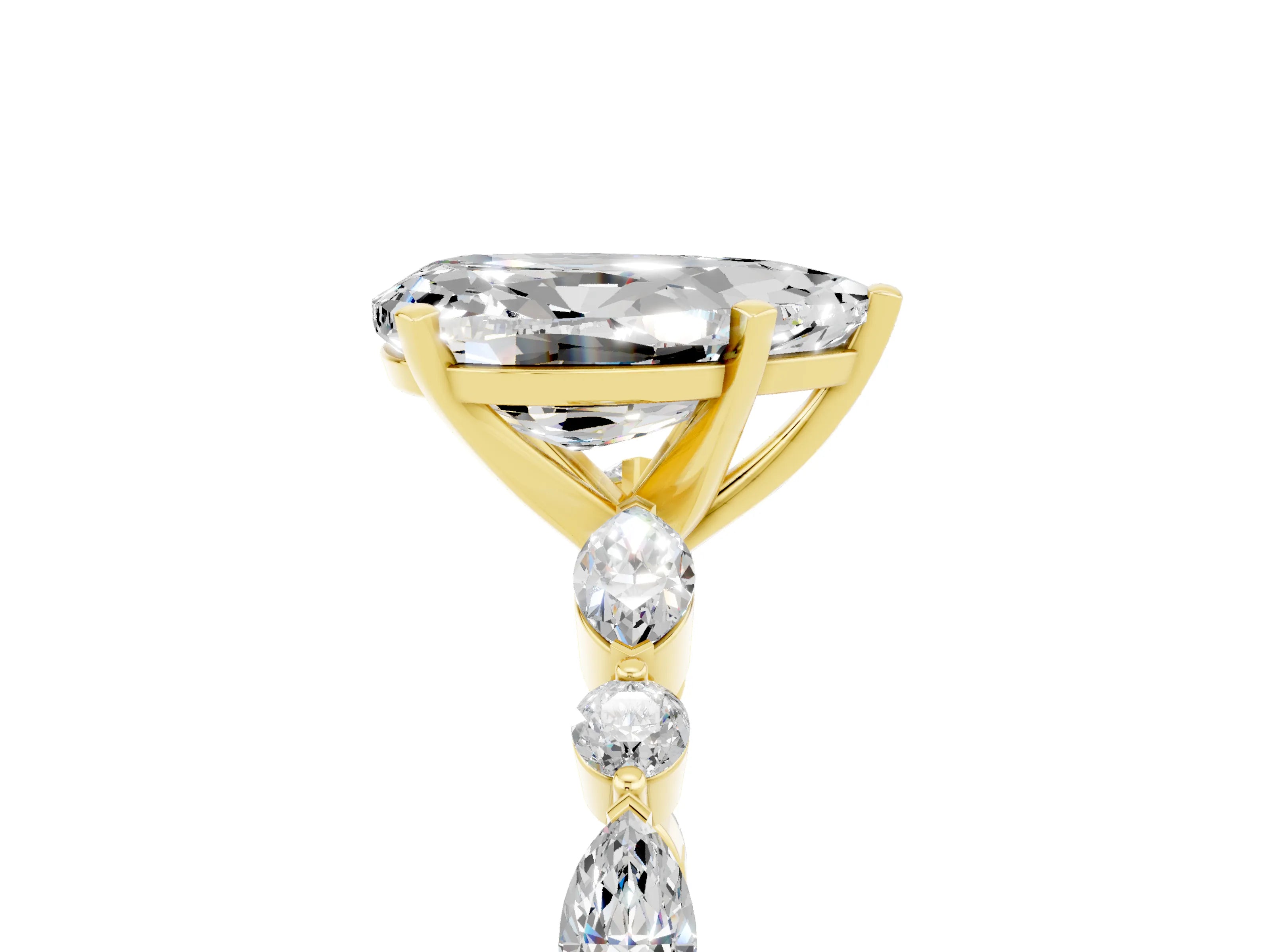 Yellow gold Pear Cut Moissanite Solitaire with Side Stones on a Pavé Band and Four-Prong Setting_5