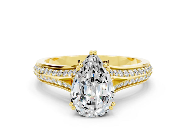 Yellow gold Pear Cut Moissanite Split Shank Engagement Ring with Pavé Band