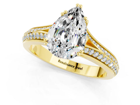 Yellow gold Pear Cut Moissanite Split Shank Engagement Ring with Pavé Band_1