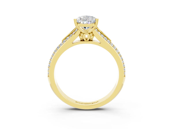 Yellow gold Pear Cut Moissanite Split Shank Engagement Ring with Pavé Band