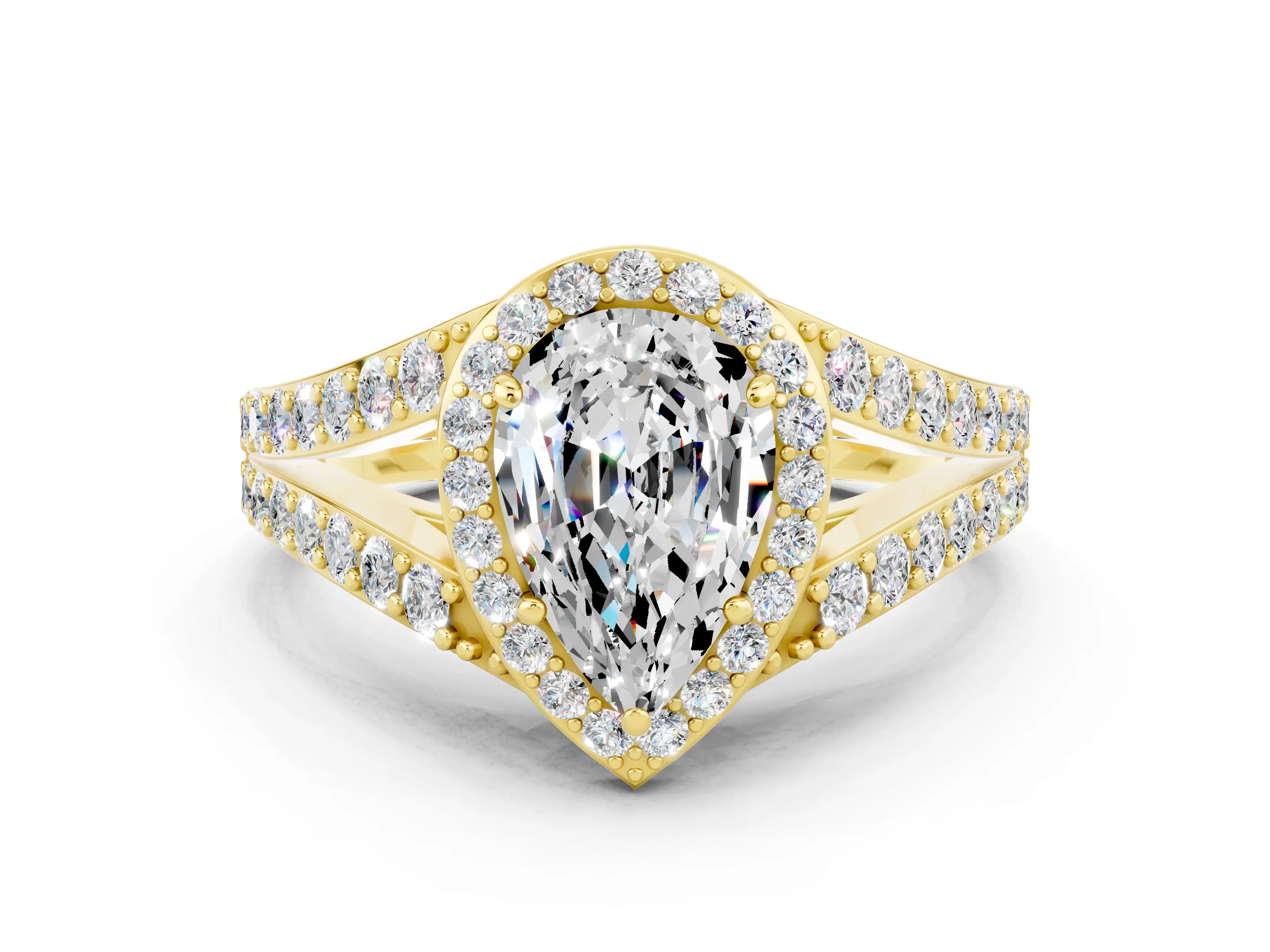 Yellow gold Pear Cut Moissanite Split Shank Halo Ring with Four-Prong Setting_12