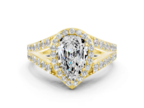 Yellow gold Pear Cut Moissanite Split Shank Halo Ring with Four-Prong Setting_12