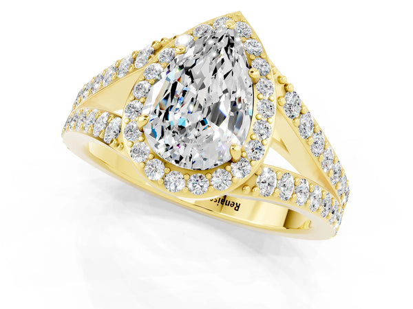Yellow gold Pear Cut Moissanite Split Shank Halo Ring with Four-Prong Setting