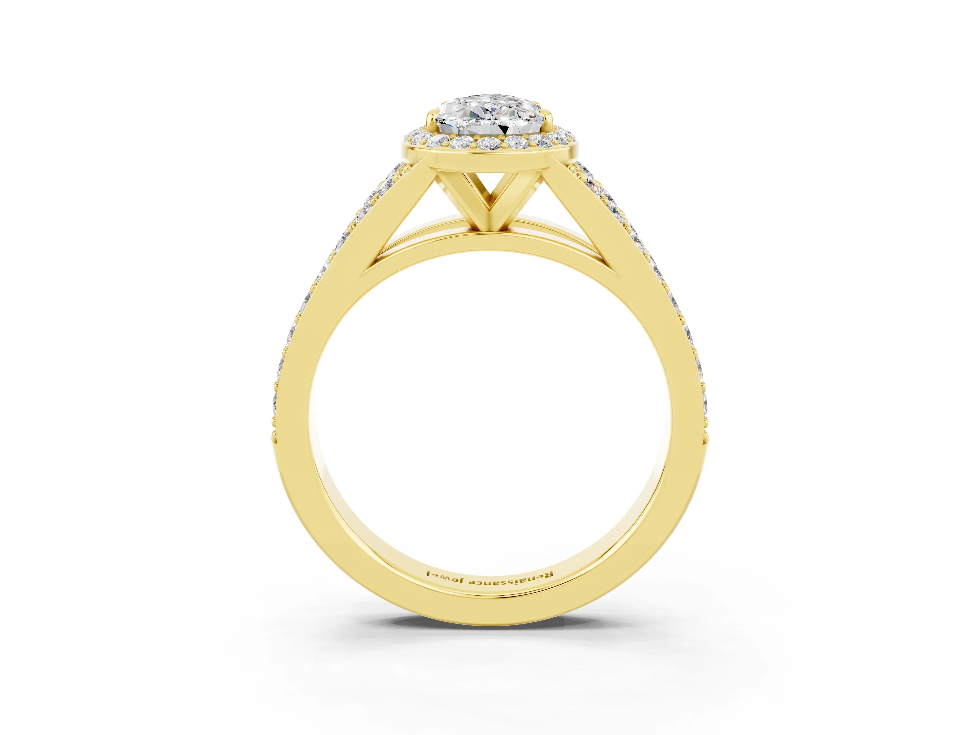 Yellow gold Pear Cut Moissanite Split Shank Halo Ring with Four-Prong Setting_15