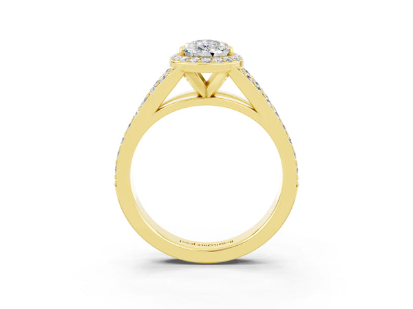 Yellow gold Pear Cut Moissanite Split Shank Halo Ring with Four-Prong Setting