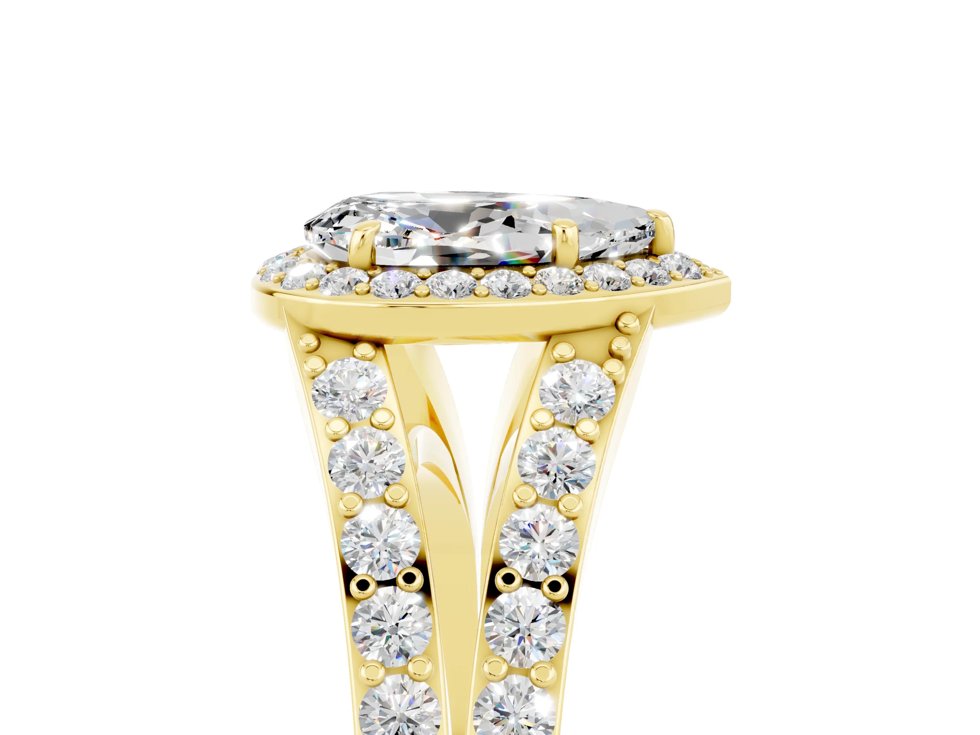 Yellow gold Pear Cut Moissanite Split Shank Halo Ring with Four-Prong Setting_17