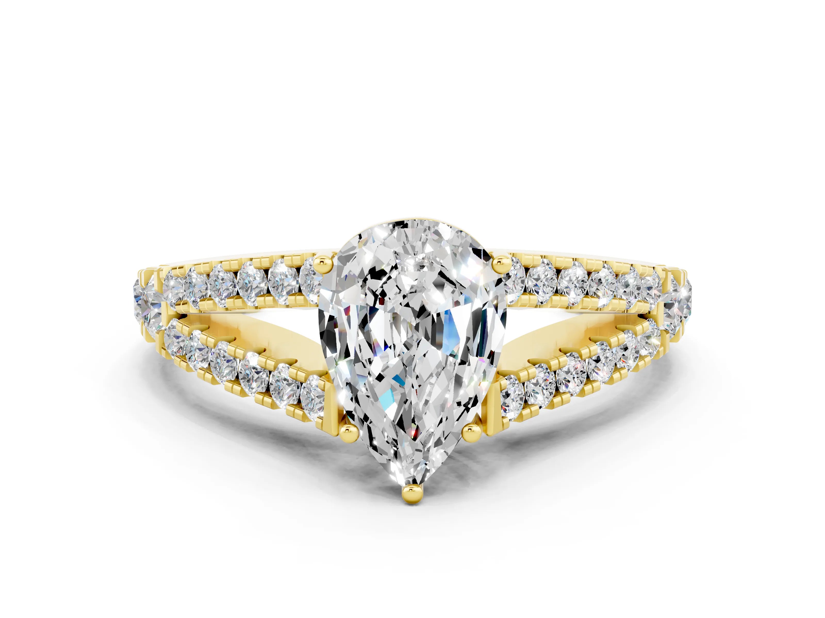 Yellow gold Pear Cut Moissanite Split Shank Pavé Engagement Ring with Four-Prong Setting_12