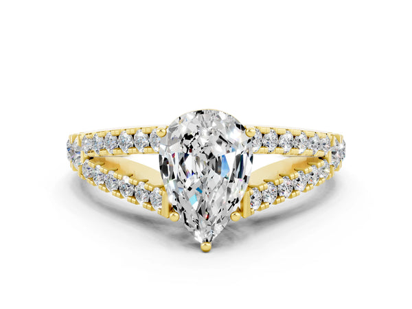 Yellow gold Pear Cut Moissanite Split Shank Pavé Engagement Ring with Four-Prong Setting