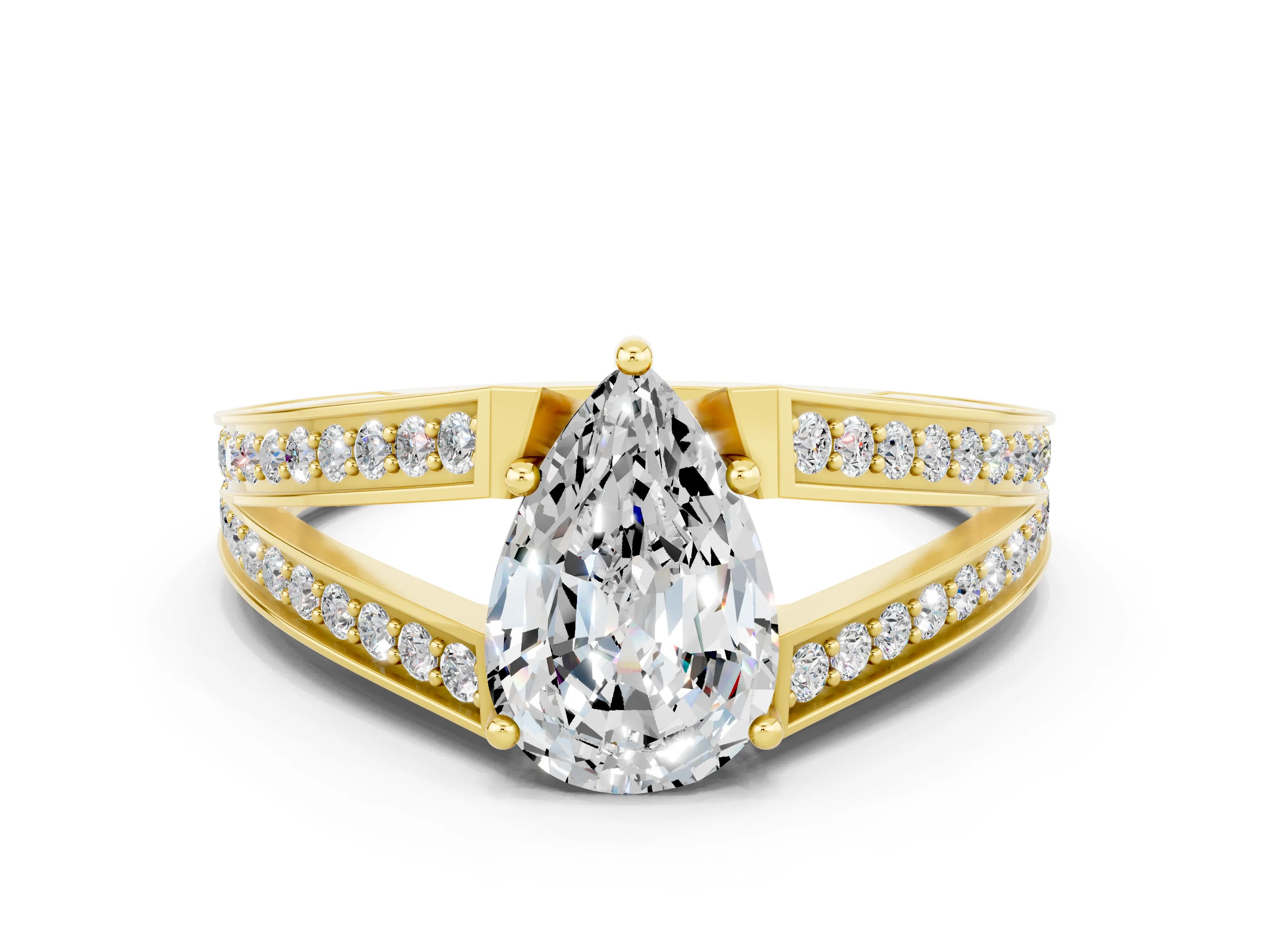 Yellow gold Pear Cut Moissanite Split Shank Ring with Pavé Band and Four-Prong Setting