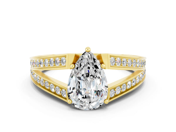 Yellow gold Pear Cut Moissanite Split Shank Ring with Pavé Band and Four-Prong Setting