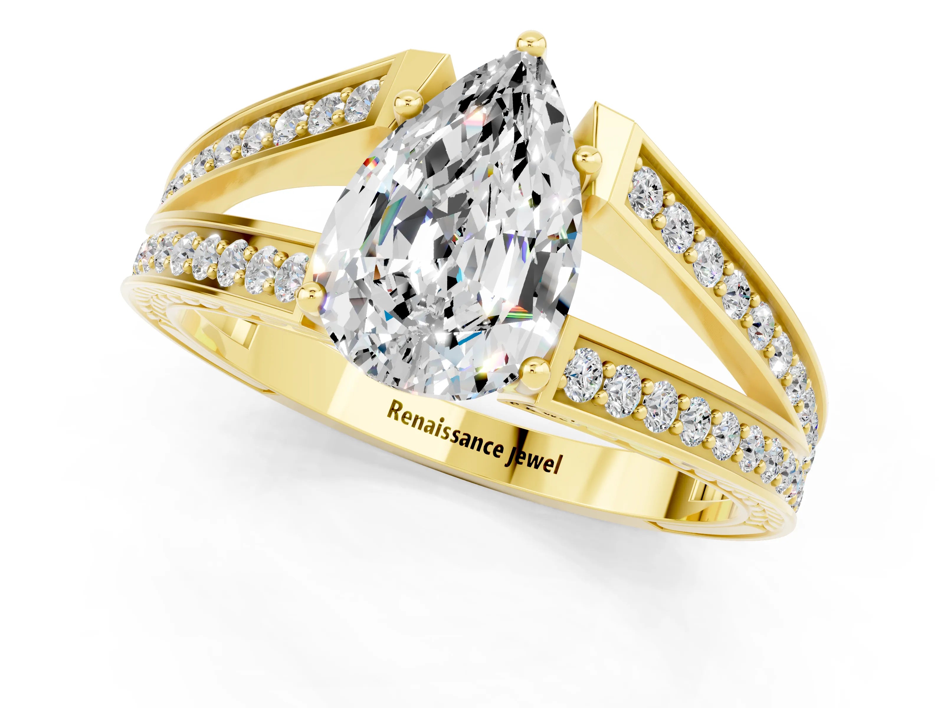 Yellow gold Pear Cut Moissanite Split Shank Ring with Pavé Band and Four-Prong Setting_1