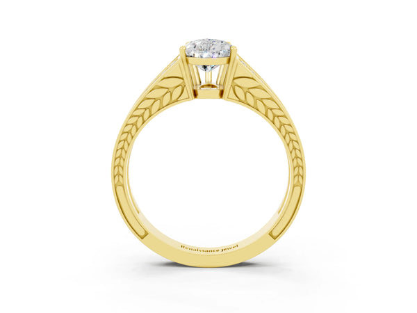 Yellow gold Pear Cut Moissanite Split Shank Ring with Pavé Band and Four-Prong Setting