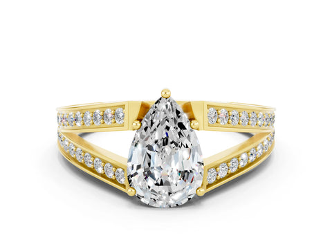 Yellow gold Pear Cut Moissanite Split Shank Ring with Pavé Band and Four-Prong Setting