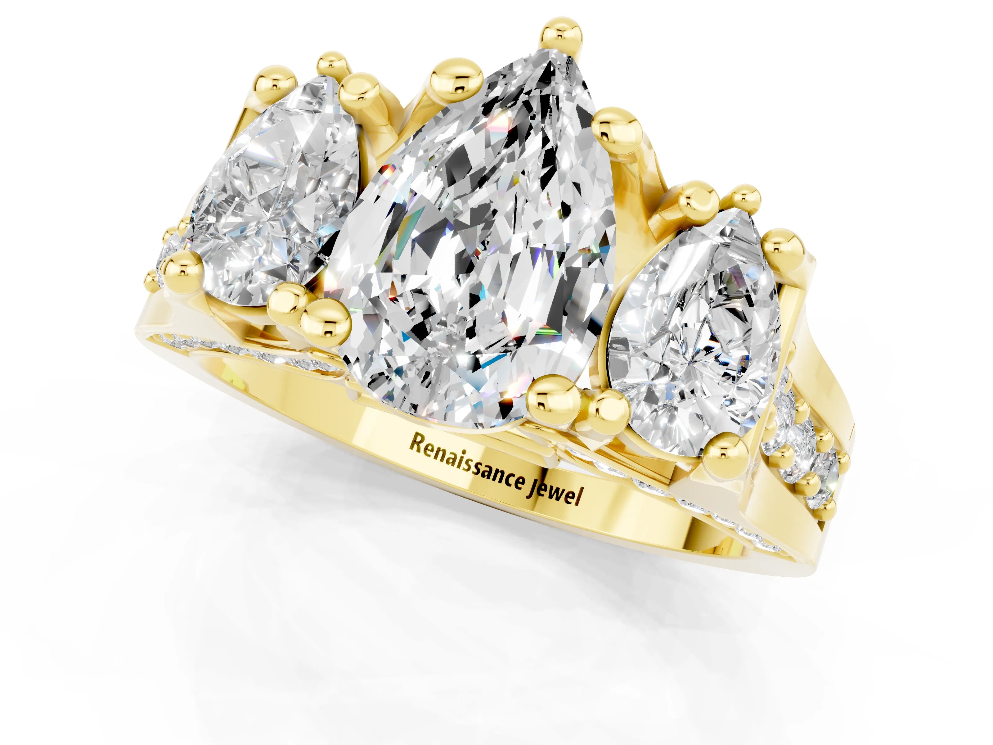 Yellow gold Pear Cut Moissanite Three-Stone Ring with Channel Set Band and Four-Prong Setting_1