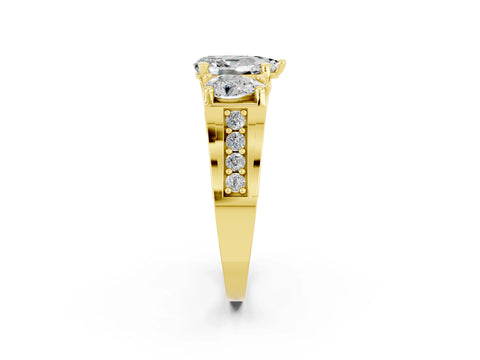 Yellow gold Pear Cut Moissanite Three-Stone Ring with Channel Set Band and Four-Prong Setting_2