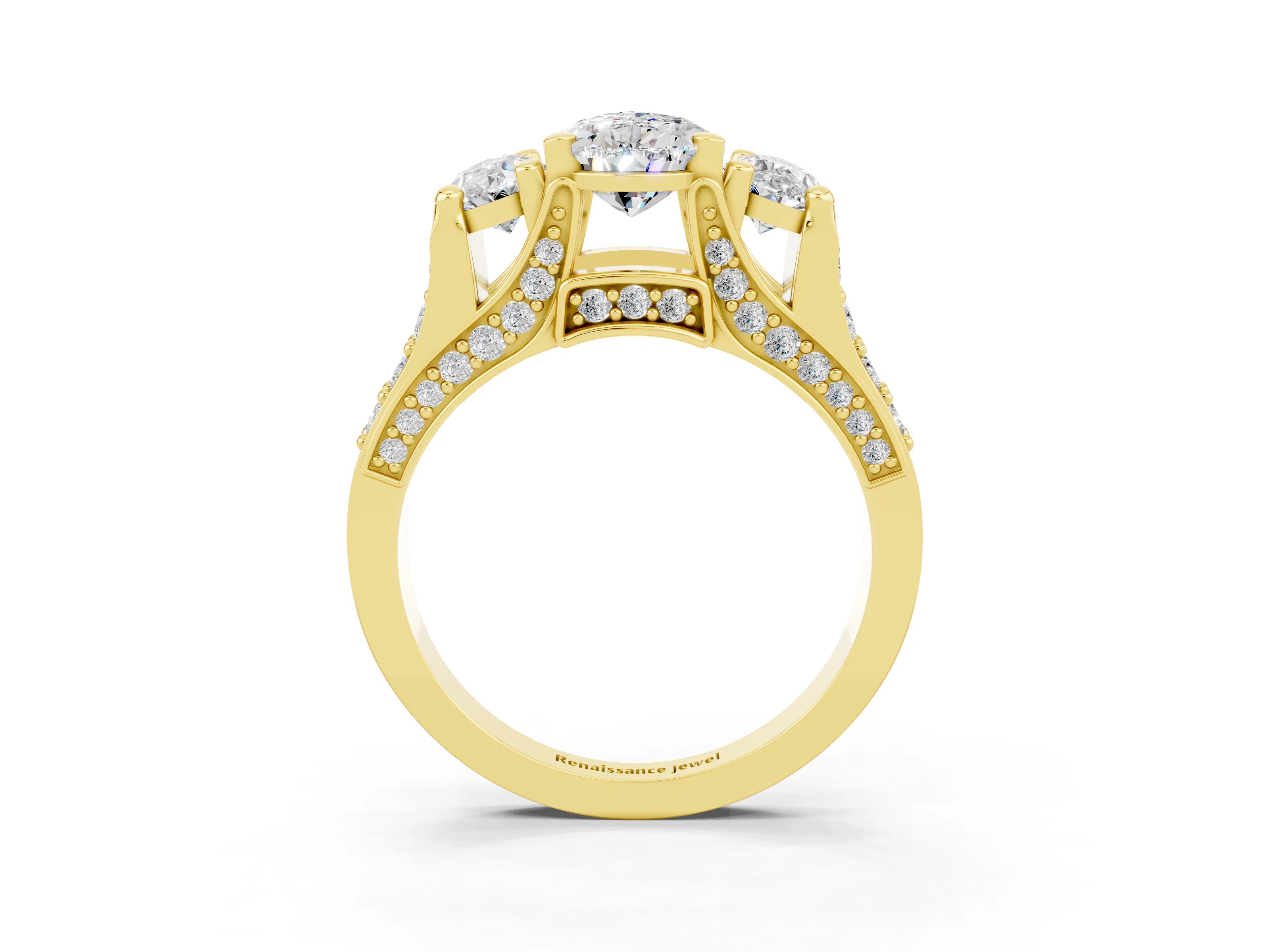 Yellow gold Pear Cut Moissanite Three-Stone Ring with Channel Set Band and Four-Prong Setting_3
