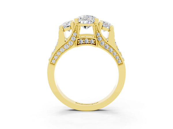 Yellow gold Pear Cut Moissanite Three-Stone Ring with Channel Set Band and Four-Prong Setting