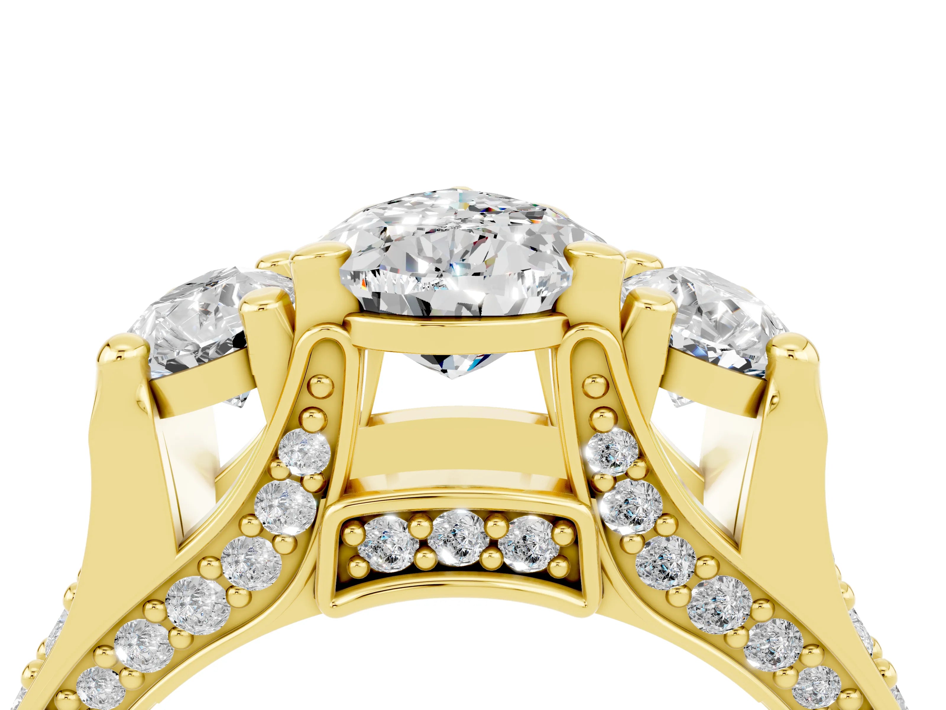 Yellow gold Pear Cut Moissanite Three-Stone Ring with Channel Set Band and Four-Prong Setting_4