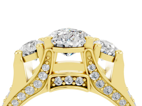 Yellow gold Pear Cut Moissanite Three-Stone Ring with Channel Set Band and Four-Prong Setting_4