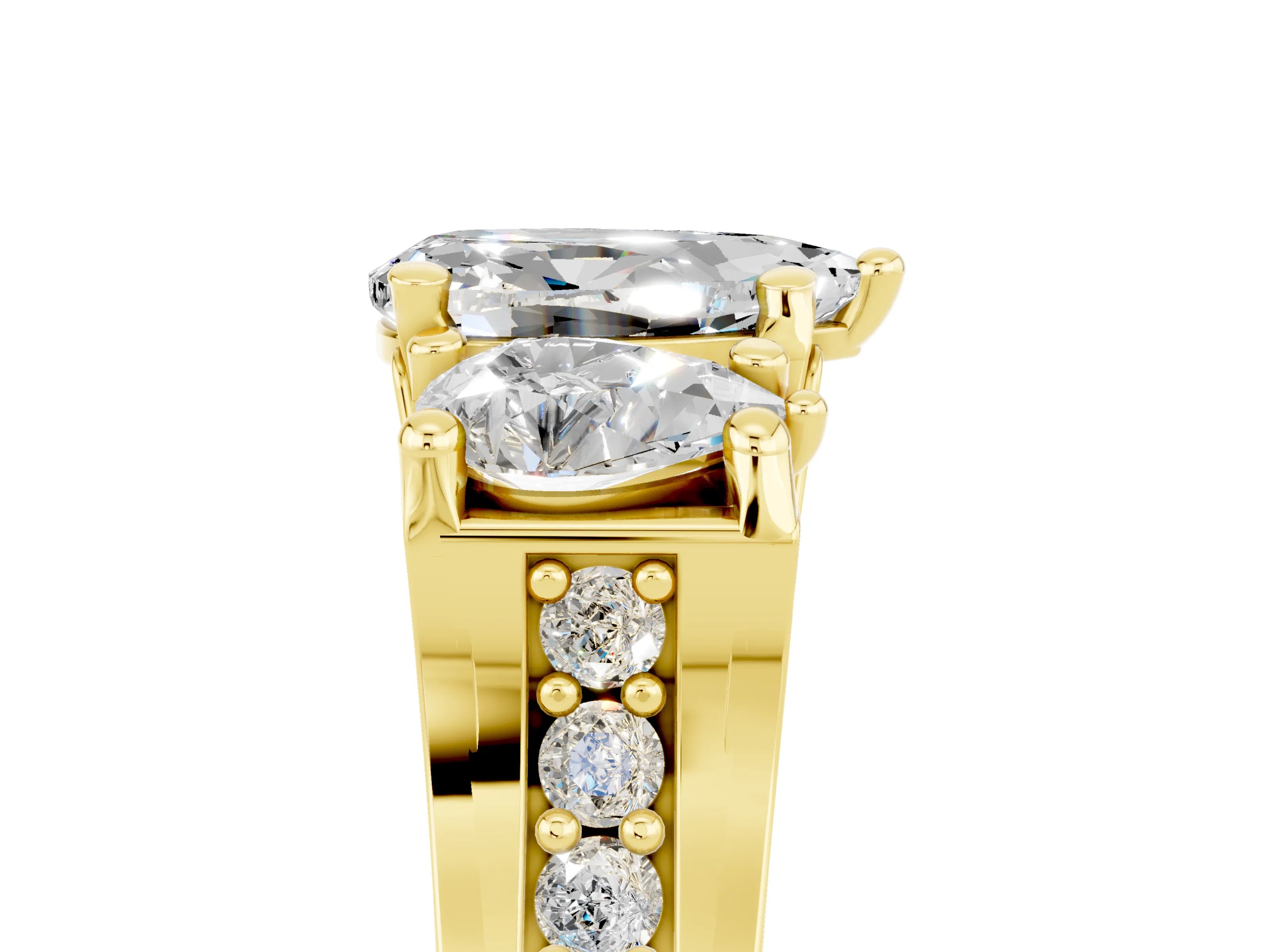 Yellow gold Pear Cut Moissanite Three-Stone Ring with Channel Set Band and Four-Prong Setting_5