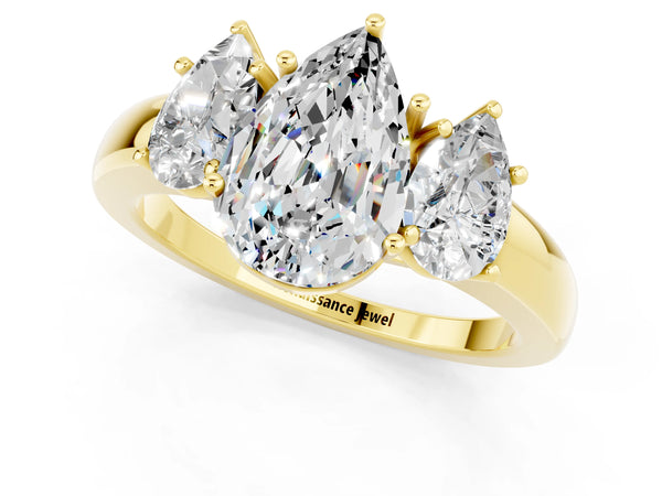 Yellow gold Pear Cut Moissanite Three-Stone Ring with Four-Prong Setting and Classic Band