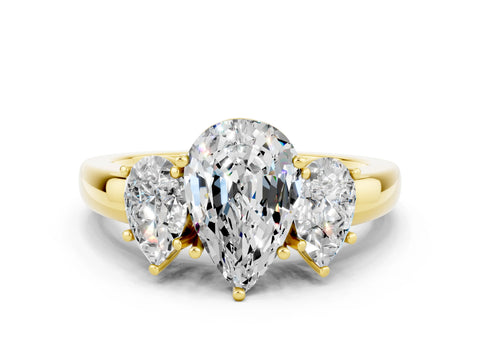 Yellow gold Pear Cut Moissanite Three-Stone Ring with Four-Prong Setting and Classic Band
