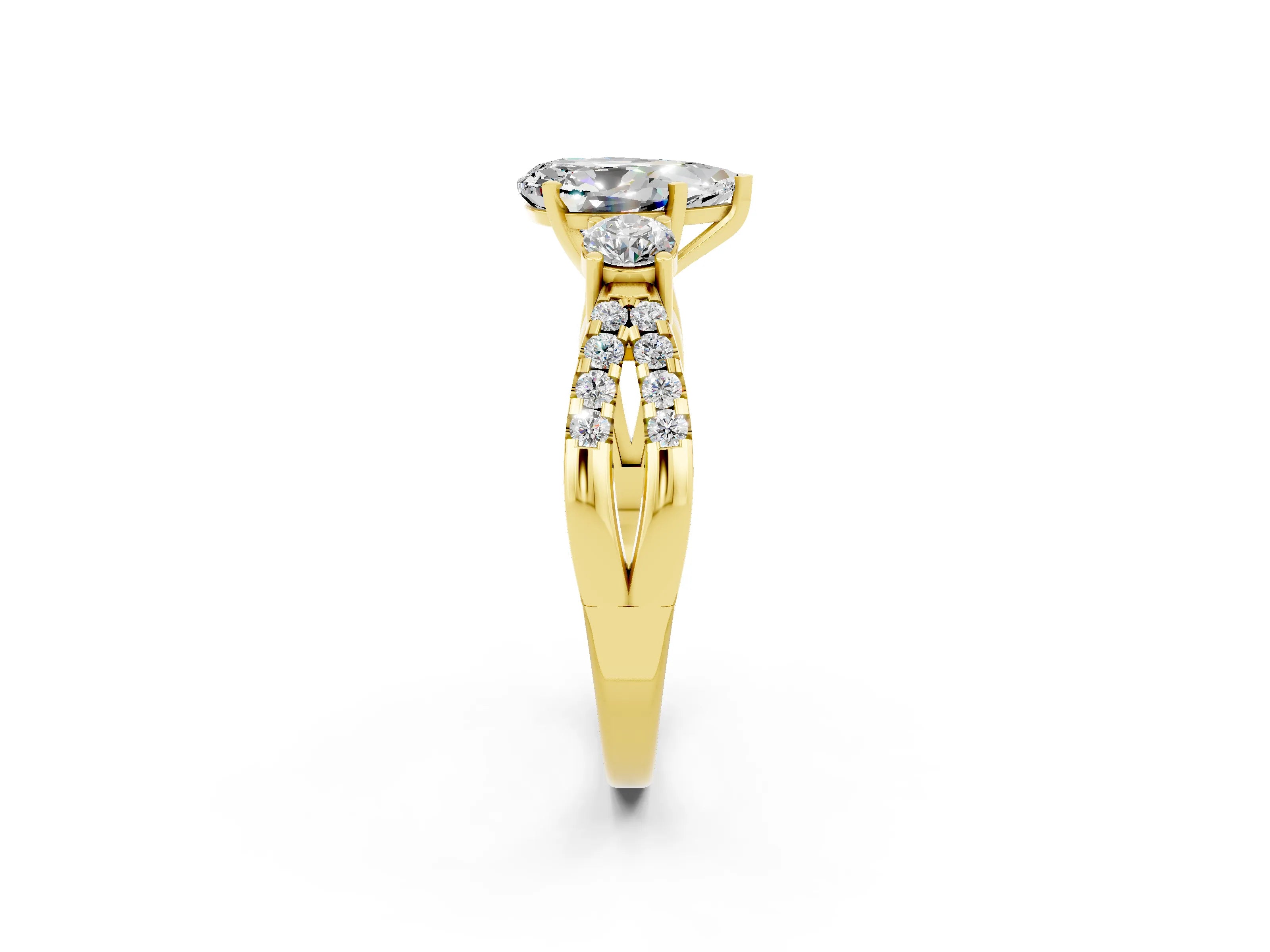 Yellow gold Pear Cut Moissanite Three-Stone Ring with Pavé Split Shank and Four-Prong Setting_14