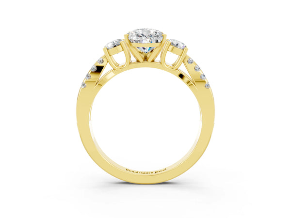 Yellow gold Pear Cut Moissanite Three-Stone Ring with Pavé Split Shank and Four-Prong Setting