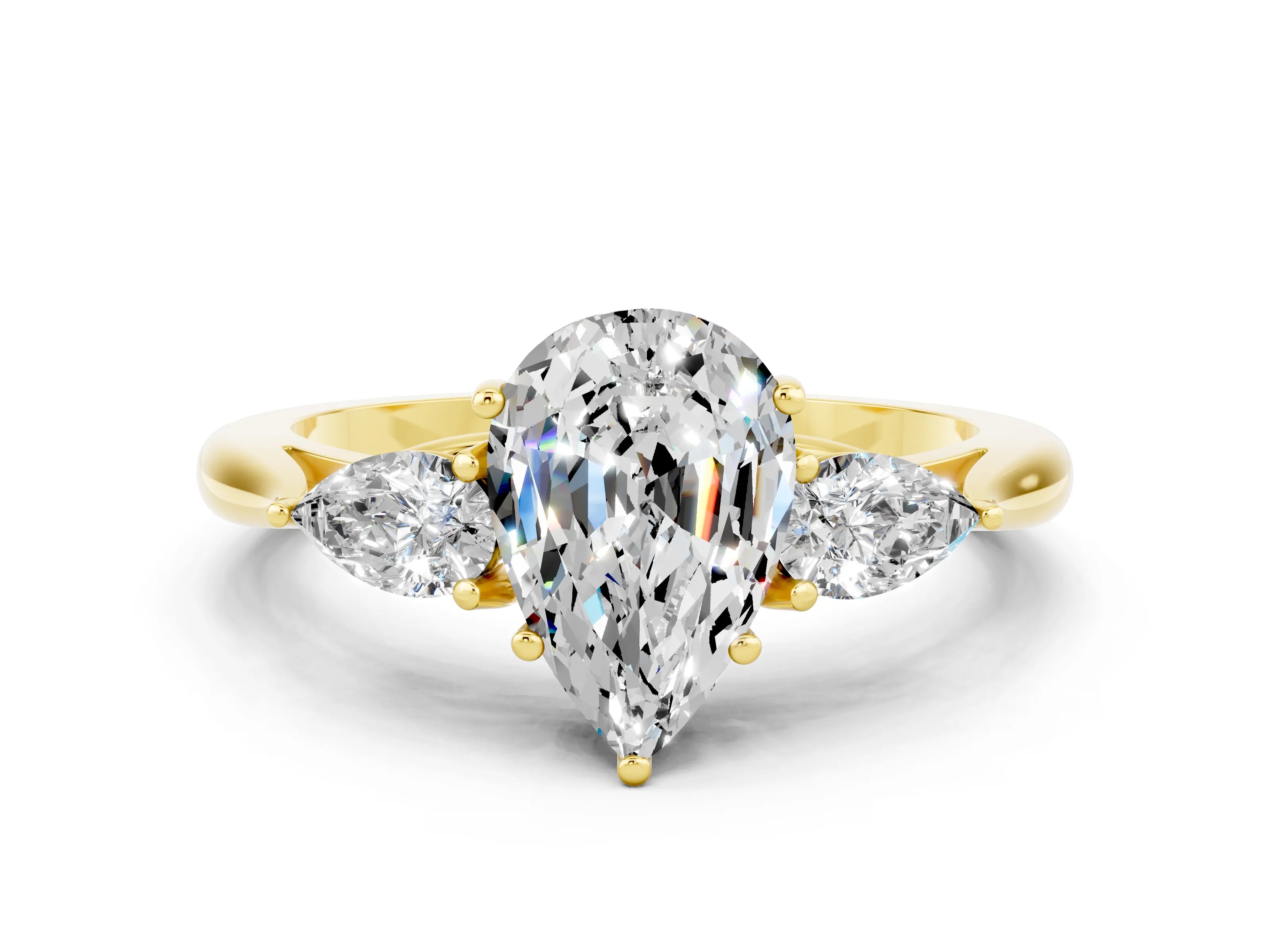 Yellow gold Pear Cut Moissanite Three-Stone Ring with Pear Side Stones and Four-Prong Setting_12