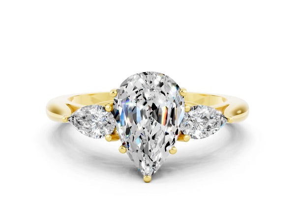 Yellow gold Pear Cut Moissanite Three-Stone Ring with Pear  Side Stones and Prong Setting