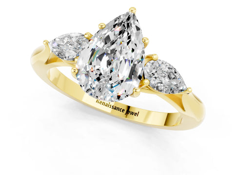 Yellow gold Pear Cut Moissanite Three-Stone Ring with Pear Side Stones and Four-Prong Setting_13