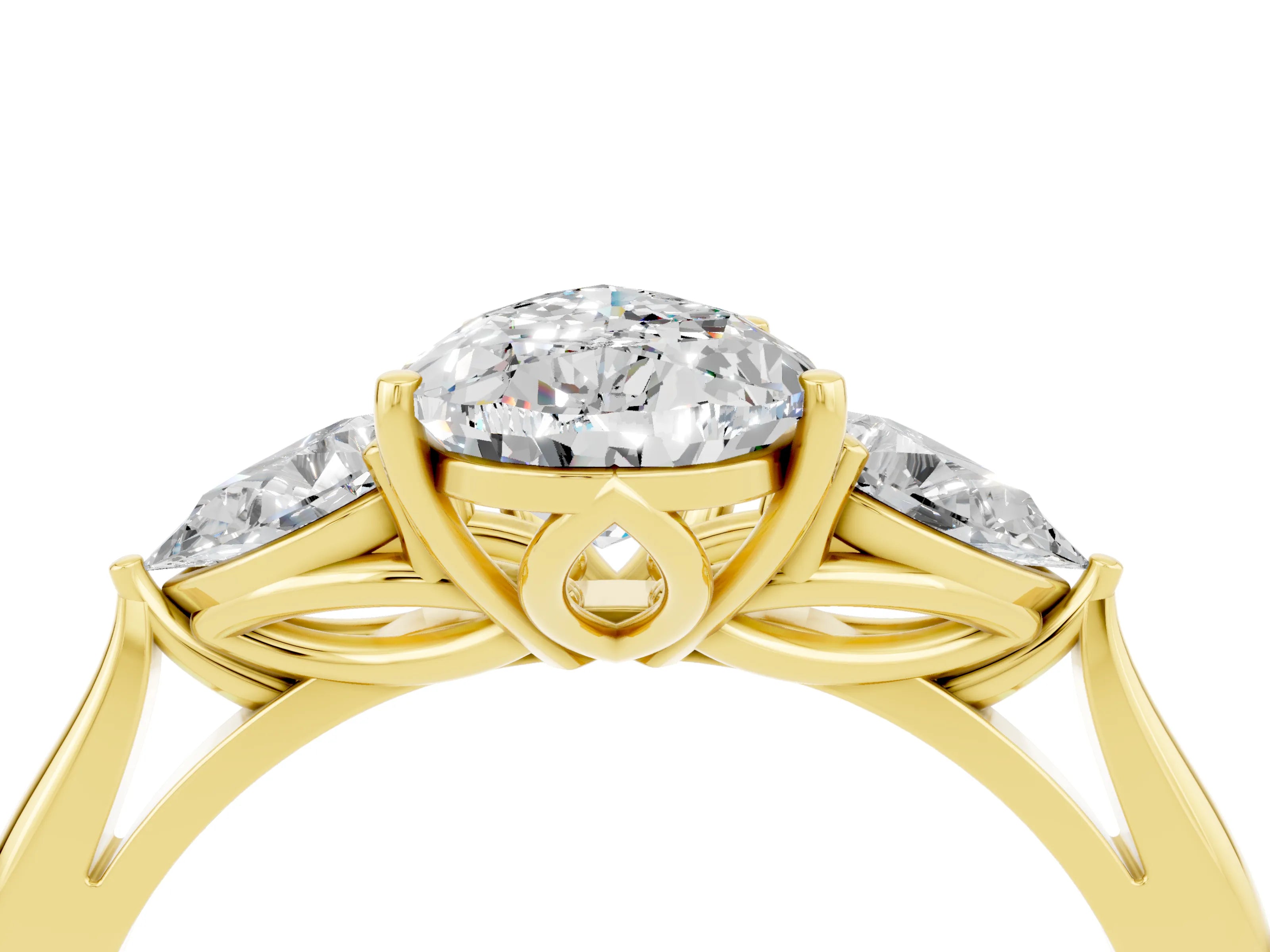Yellow gold Pear Cut Moissanite Three-Stone Ring with Pear Side Stones and Four-Prong Setting_16