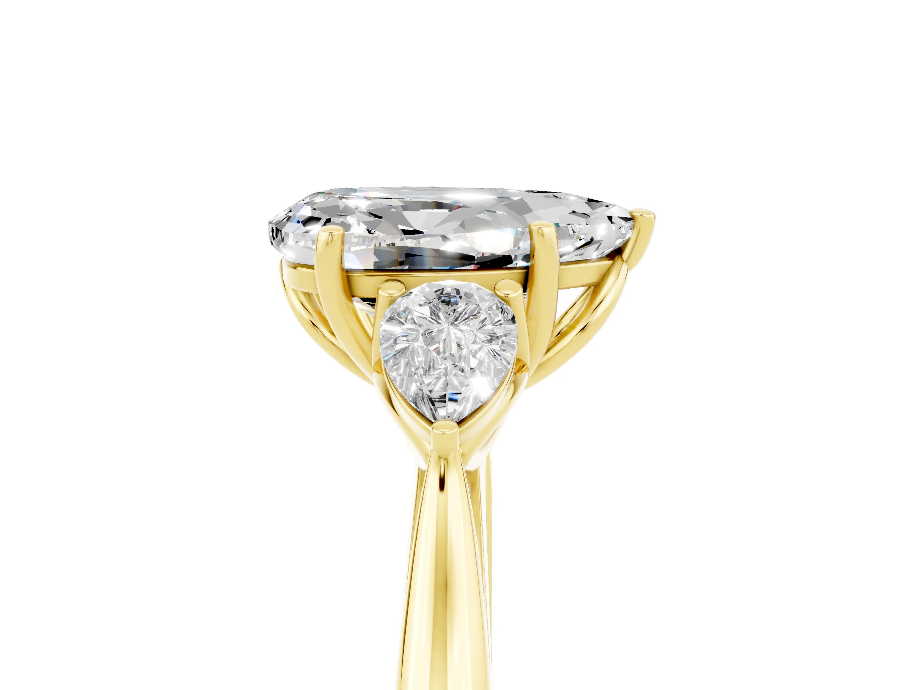Yellow gold Pear Cut Moissanite Three-Stone Ring with Pear Side Stones and Four-Prong Setting_17