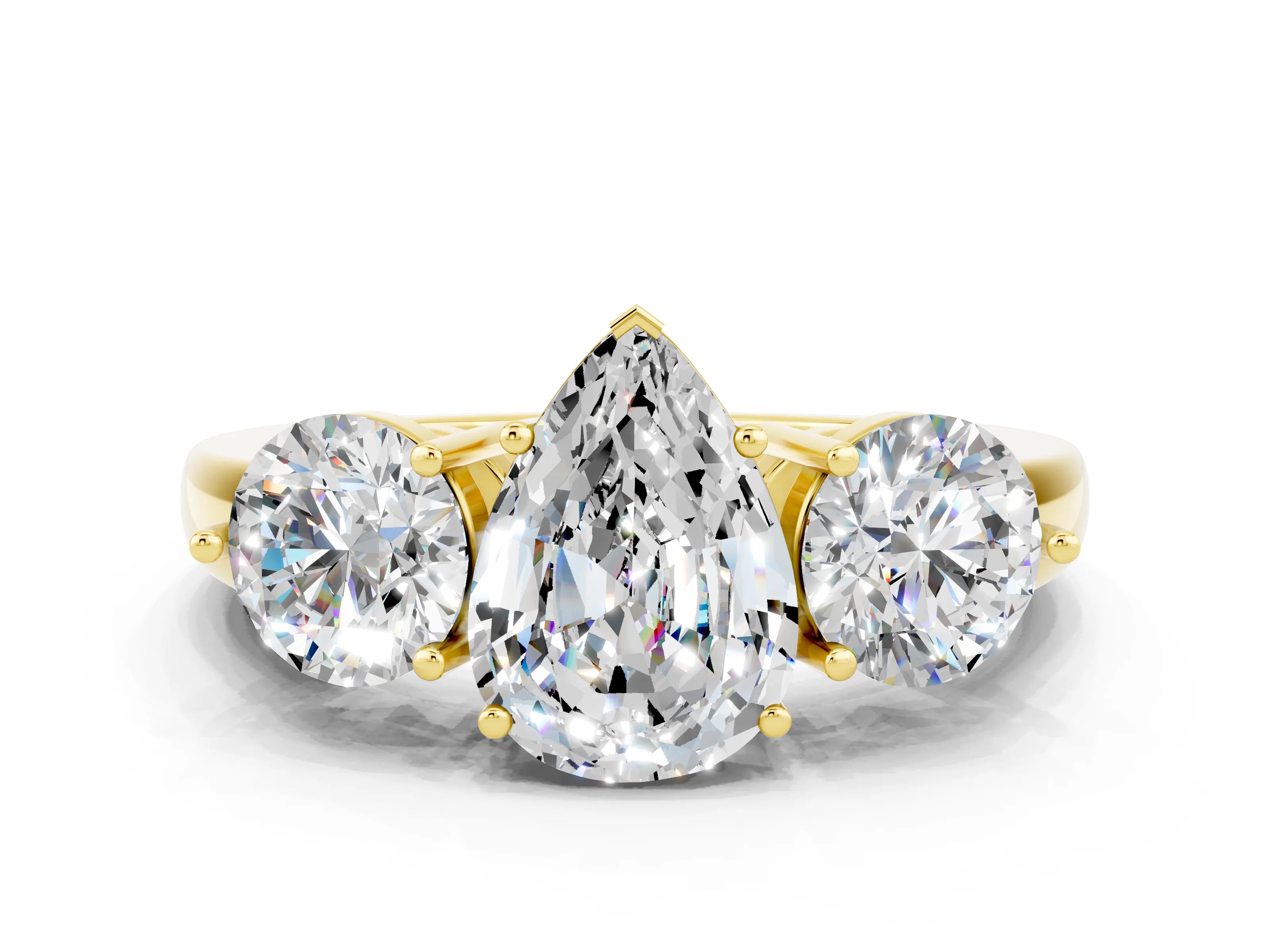 Yellow gold Pear Cut Moissanite Three-Stone Ring with Prong Setting and Classic Band