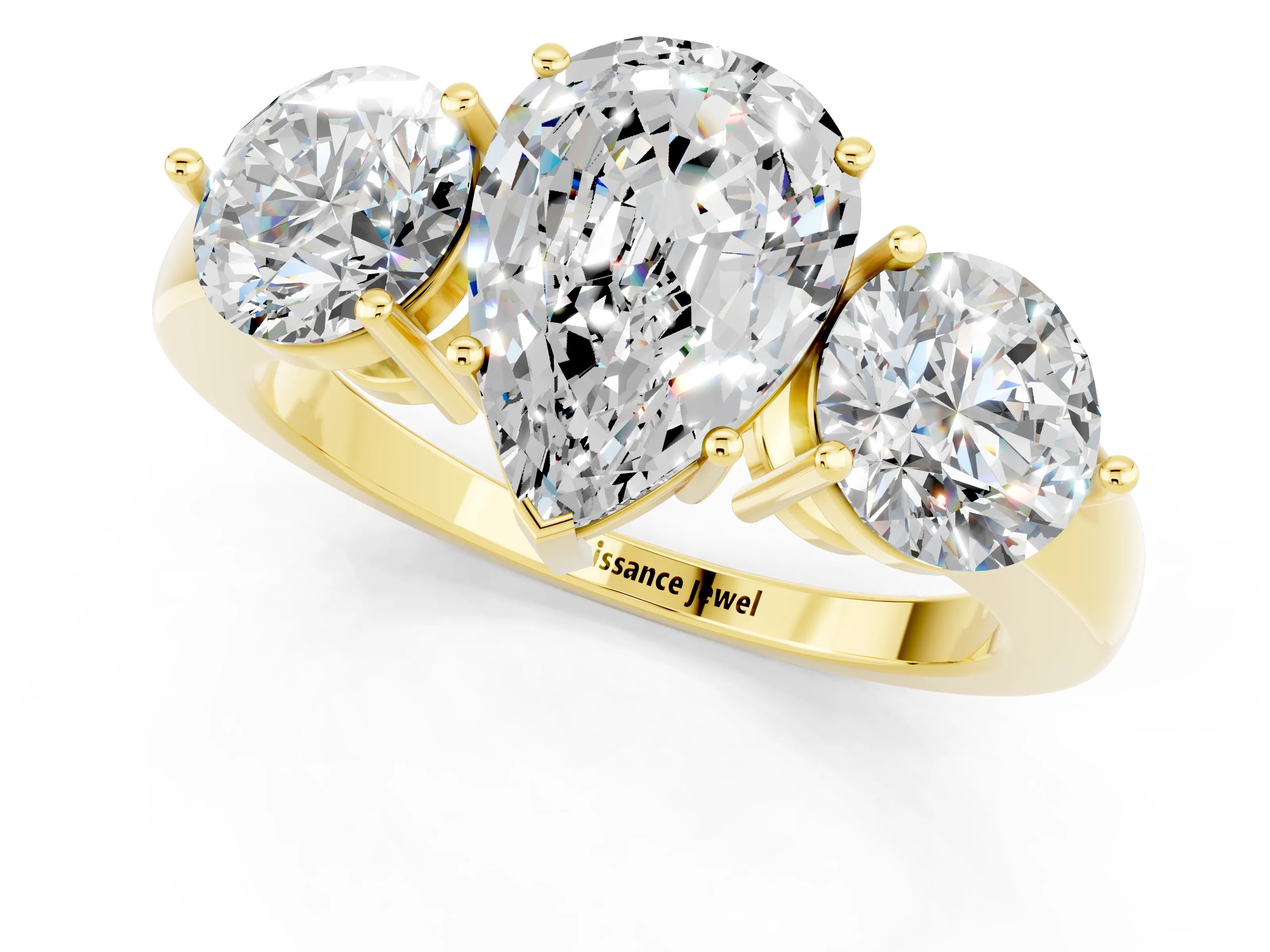 Yellow gold Pear Cut Moissanite Three-Stone Ring with Prong Setting and Classic Band_1
