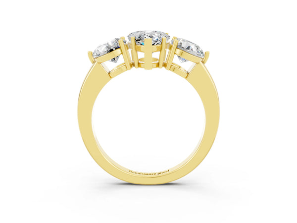 Yellow gold Pear Cut Moissanite Three-Stone Ring with Prong Setting and Classic Band