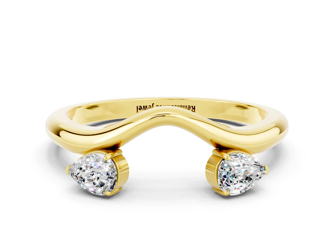 Yellow gold Pear Cut Moissanite Two-Stone Open Band Ring with Prong Setting_6
