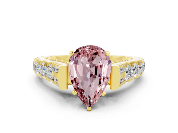Yellow gold Pear Cut Morganite Classic Solitaire Ring with Pavé Band and Four-Prong Setting