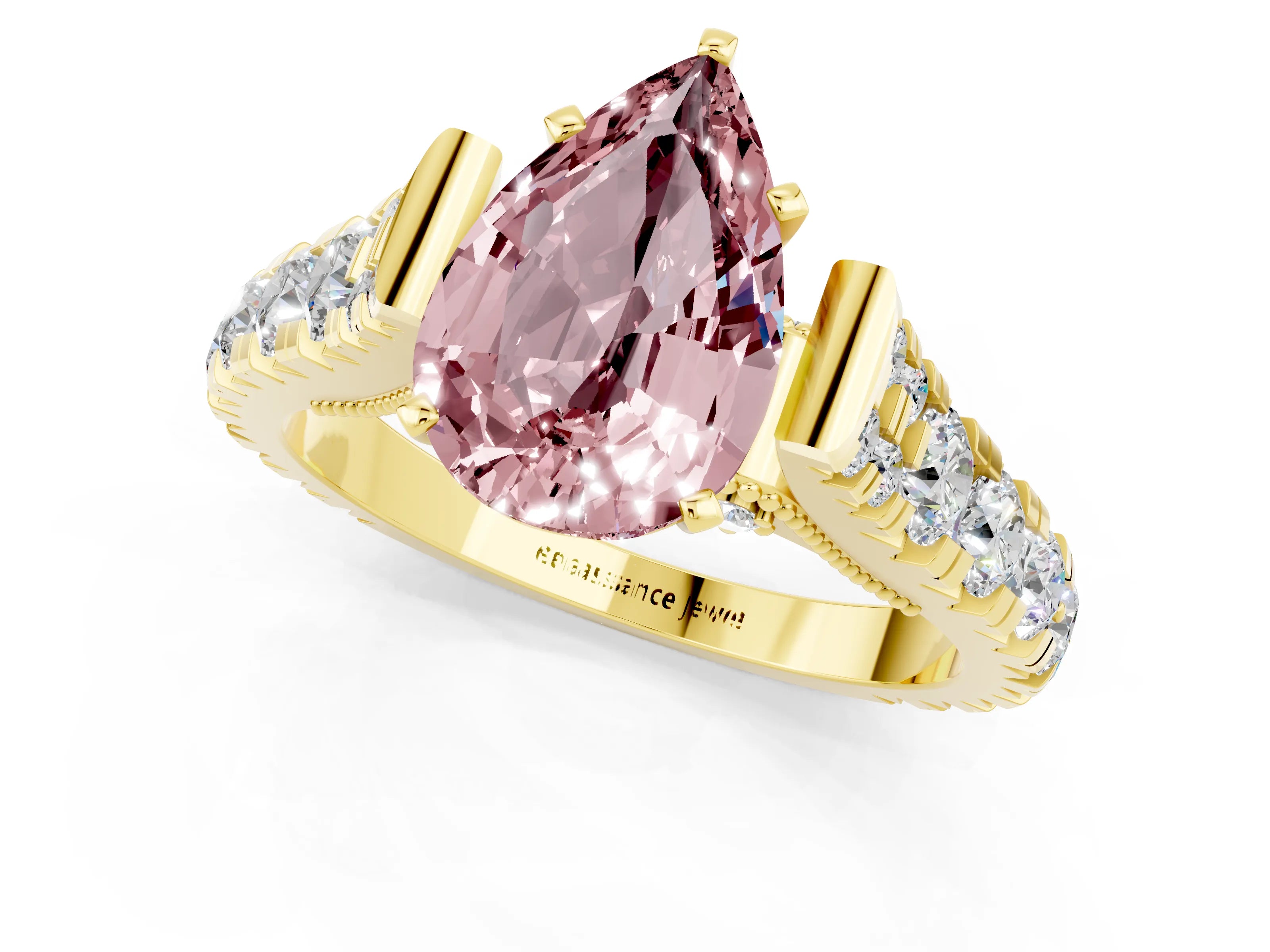 Yellow gold Pear Cut Morganite Classic Solitaire Ring with Pavé Band and Four-Prong Setting_1
