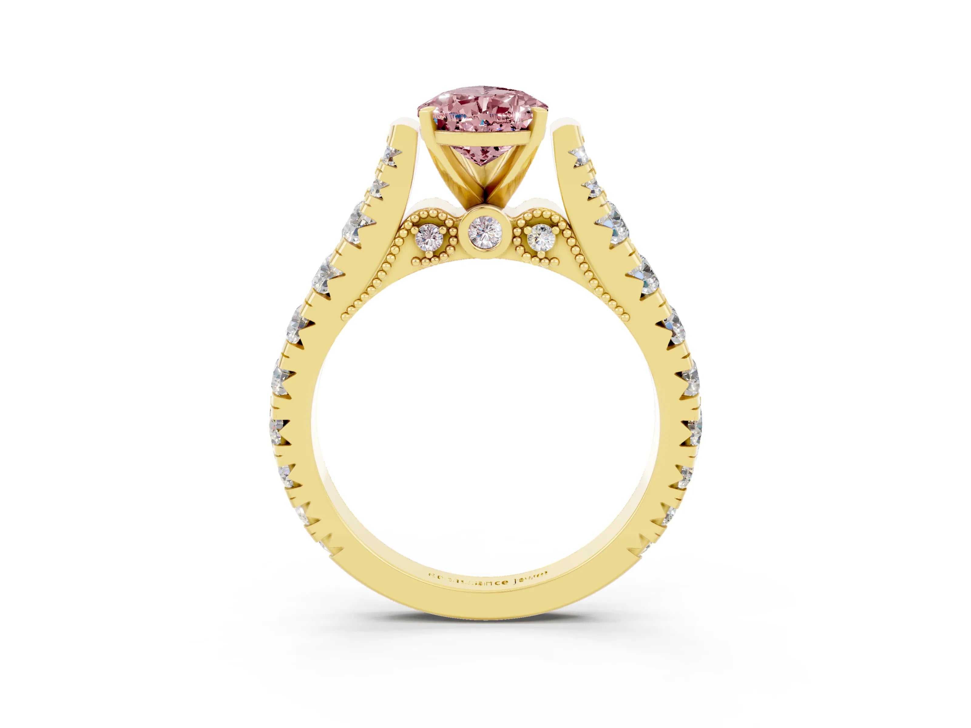 Yellow gold Pear Cut Morganite Classic Solitaire Ring with Pavé Band and Four-Prong Setting_3