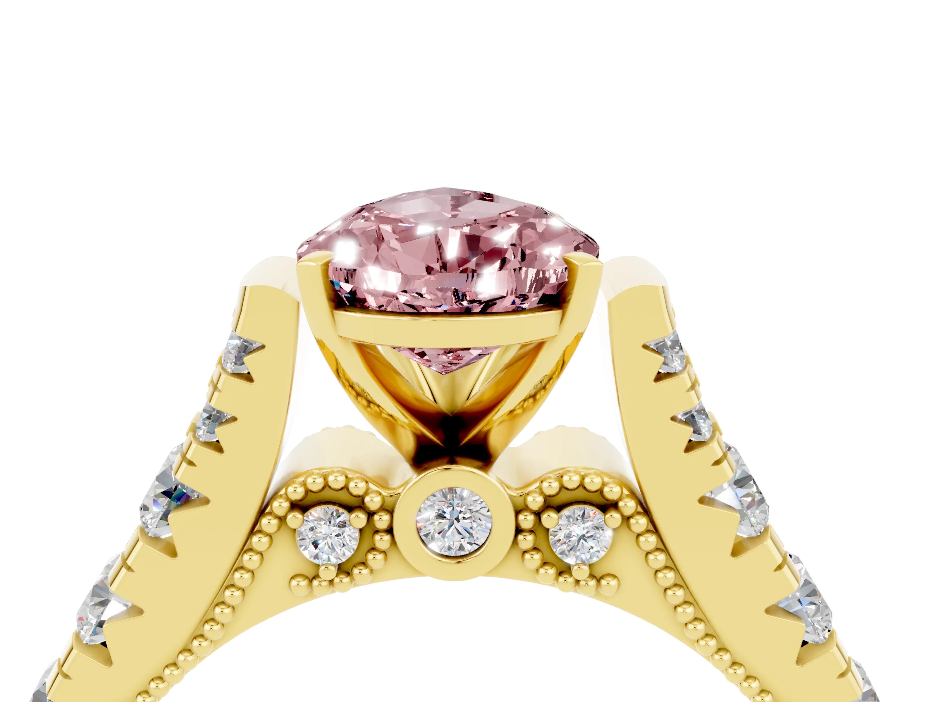 Yellow gold Pear Cut Morganite Classic Solitaire Ring with Pavé Band and Four-Prong Setting_4