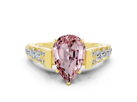 Yellow gold Pear Cut Morganite Classic Solitaire Ring with Pavé Band and Four-Prong Setting