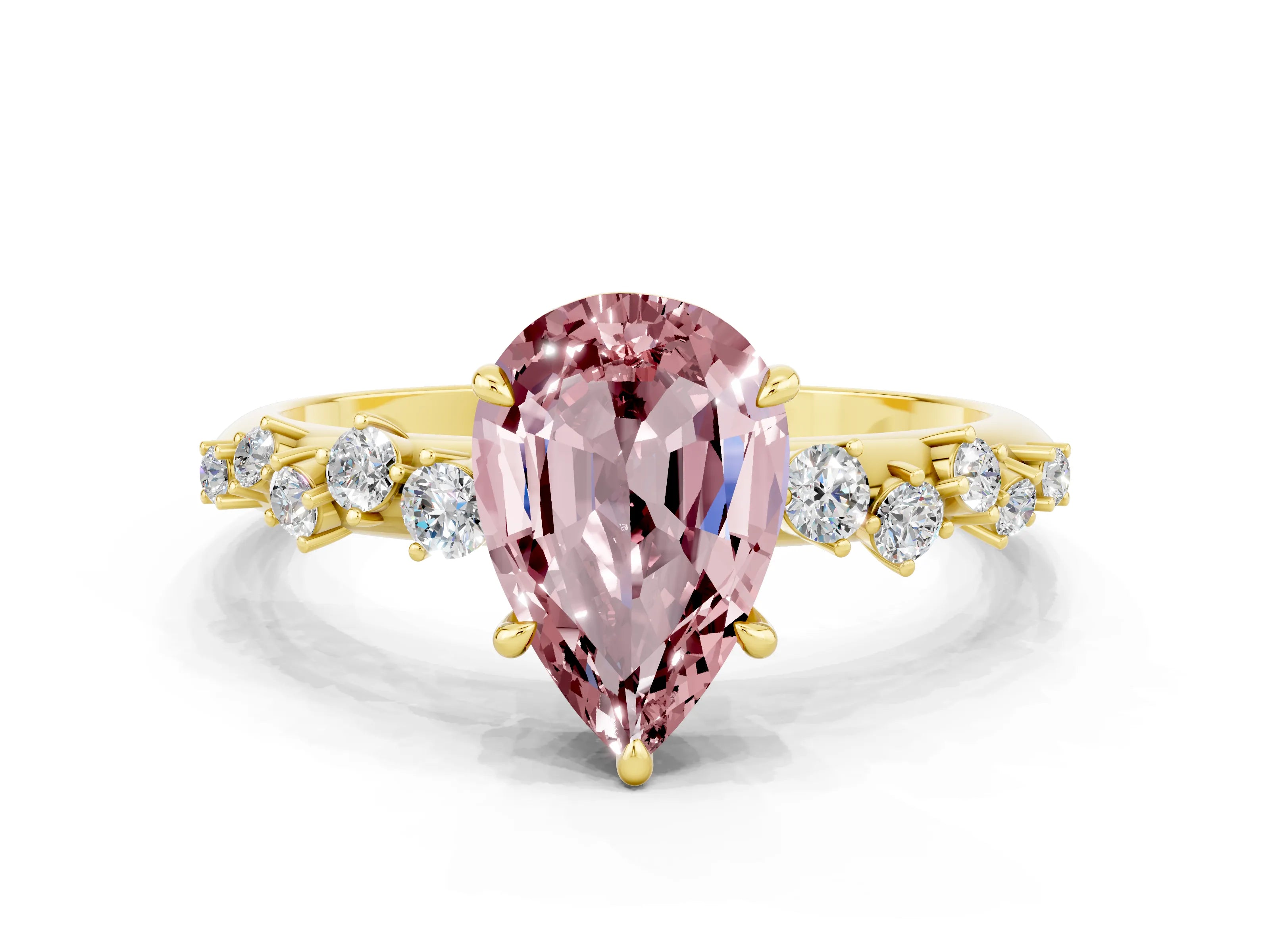 Yellow gold Pear Cut Morganite Cluster Side Stone Solitaire Ring with Prong Setting_24